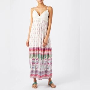 #133 Monsoon Saffron Floral Maxi Dress Viscose Crepe & Crochet Bust Size Small